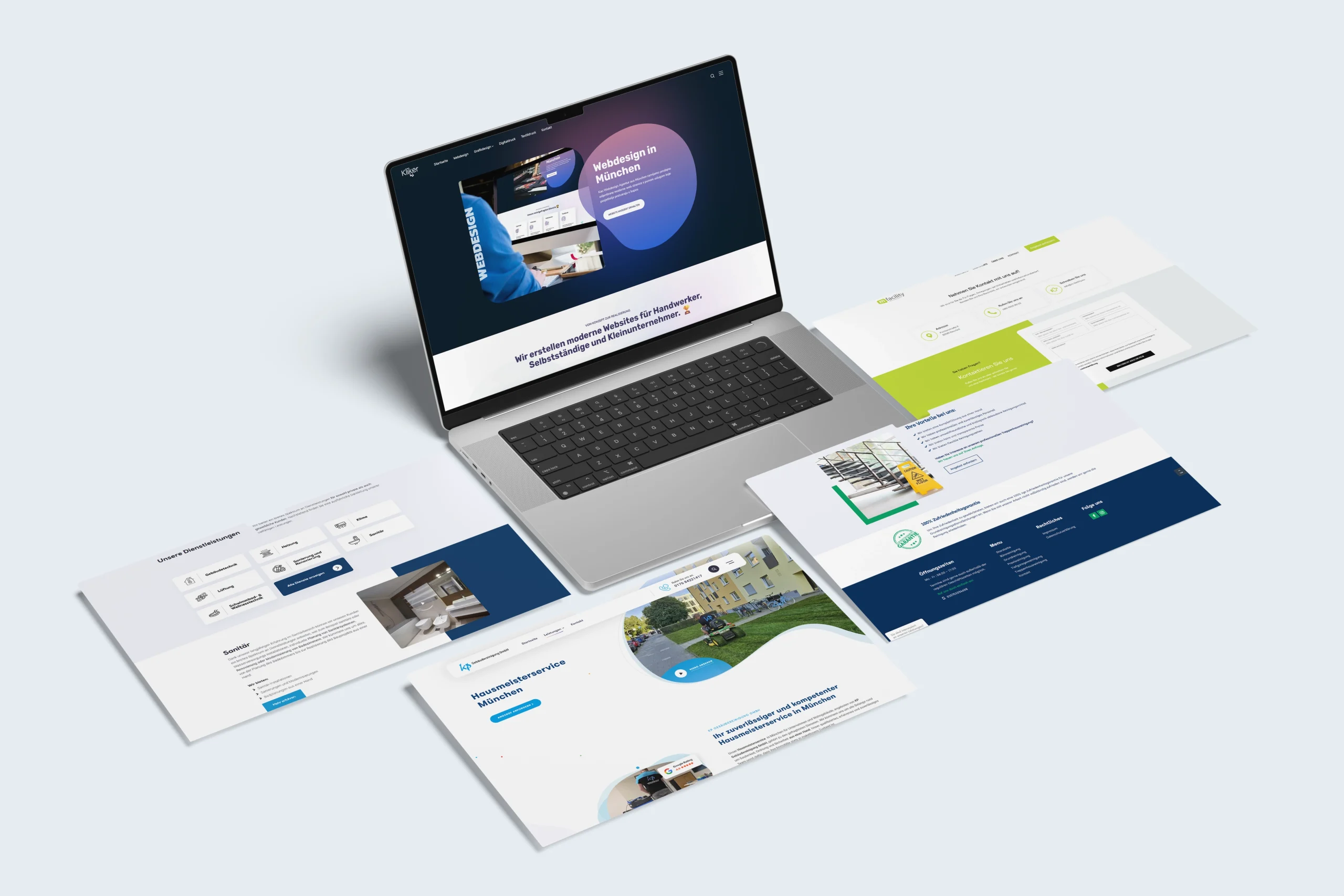 Professionelle Webdesign-Lösungen für Ihr Unternehmen Laptop mit geöffneter Website und mehreren modernen Webseiten-Layouts als Beispiele für professionelle Webdesign-Lösungen für Unternehmen.