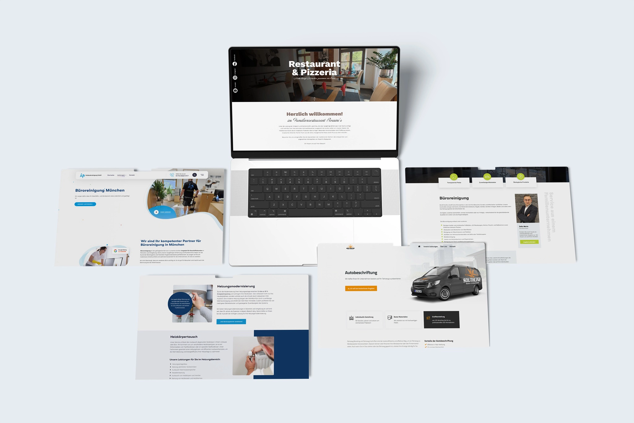 Webdesign-Projekte einer Werbeagentur aus München – Webseiten für Gastronomie, Gebäudereinigung, Heizungstechnik und Fahrzeugbeschriftung.