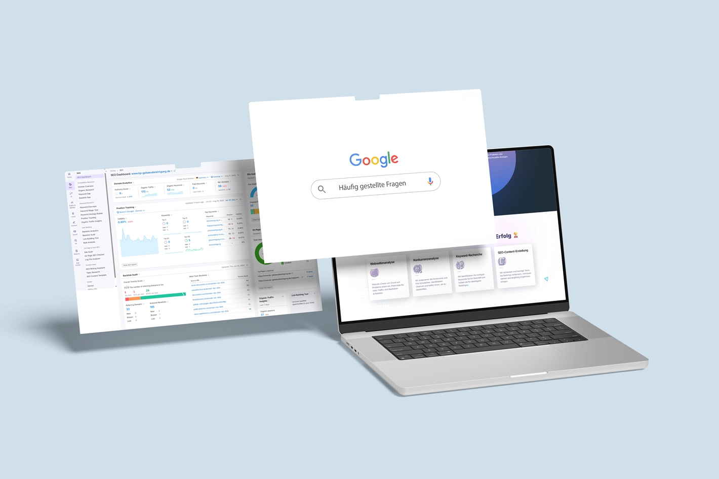 Laptop mit Google-Suchanfrage und SEO-Dashboard zeigt Strategien zur SEO Optimierung in München für Kleinunternehmer.