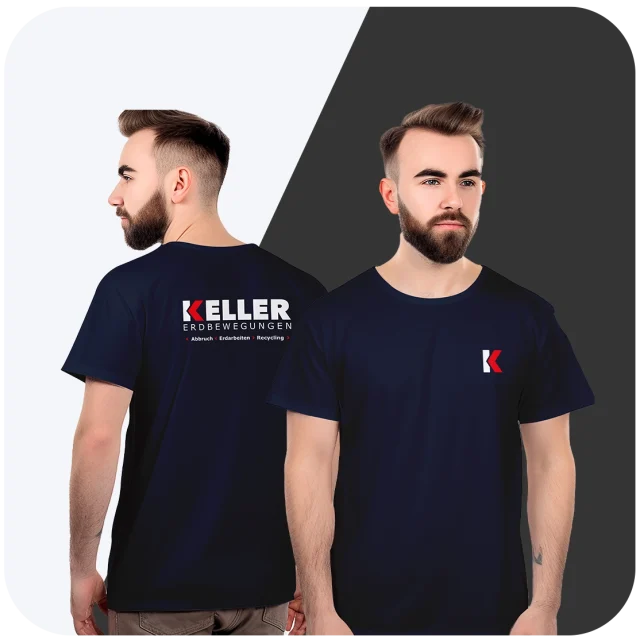 Dunkelblaues Firmen-T-Shirt mit Keller Erdbewertungen Logo – Professioneller Textildruck in München