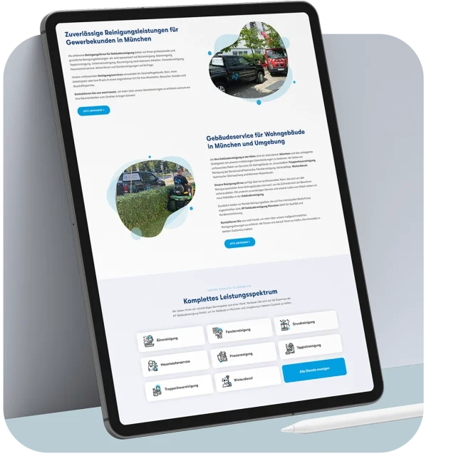 Eine moderne und professionelle Website erstellen lassen – Erfolgreiches Webdesign für Reinigungsfirmen Tablet mit moderner, professioneller Website für Reinigungsdienstleistungen in München, Übersicht der Services und Leistungen
