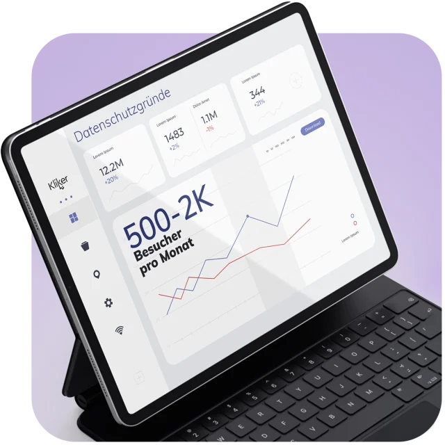 Mit einer hochwertigen Website professionell im Internet auftreten Tablet mit Analytics-Dashboard: Besucherstatistik und Wachstum einer professionellen Website.